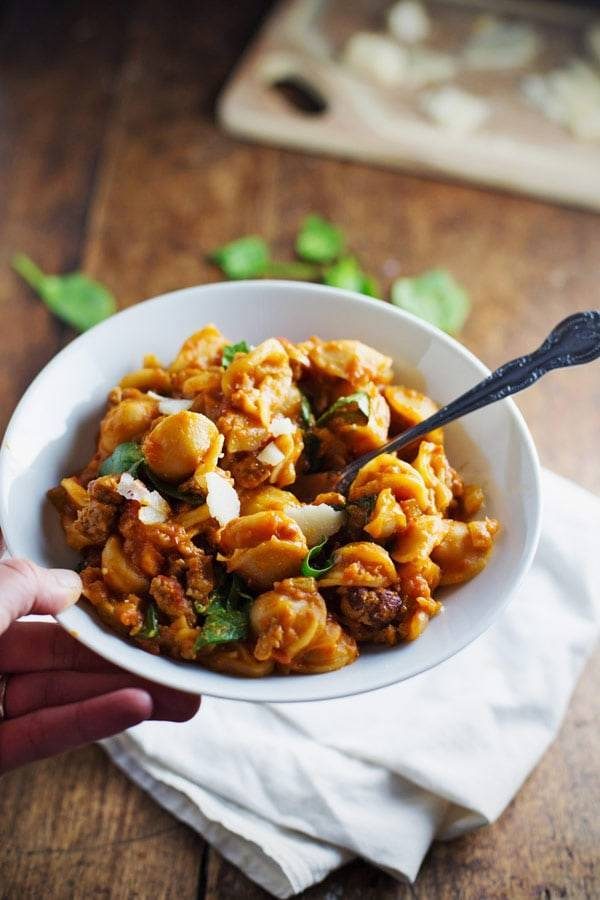 Pasta in a white bowl.