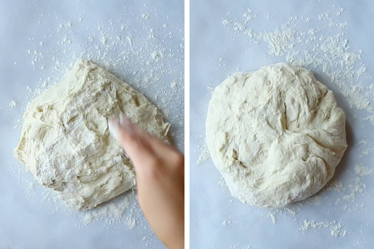 Forming dough on the counter on parchment paper.