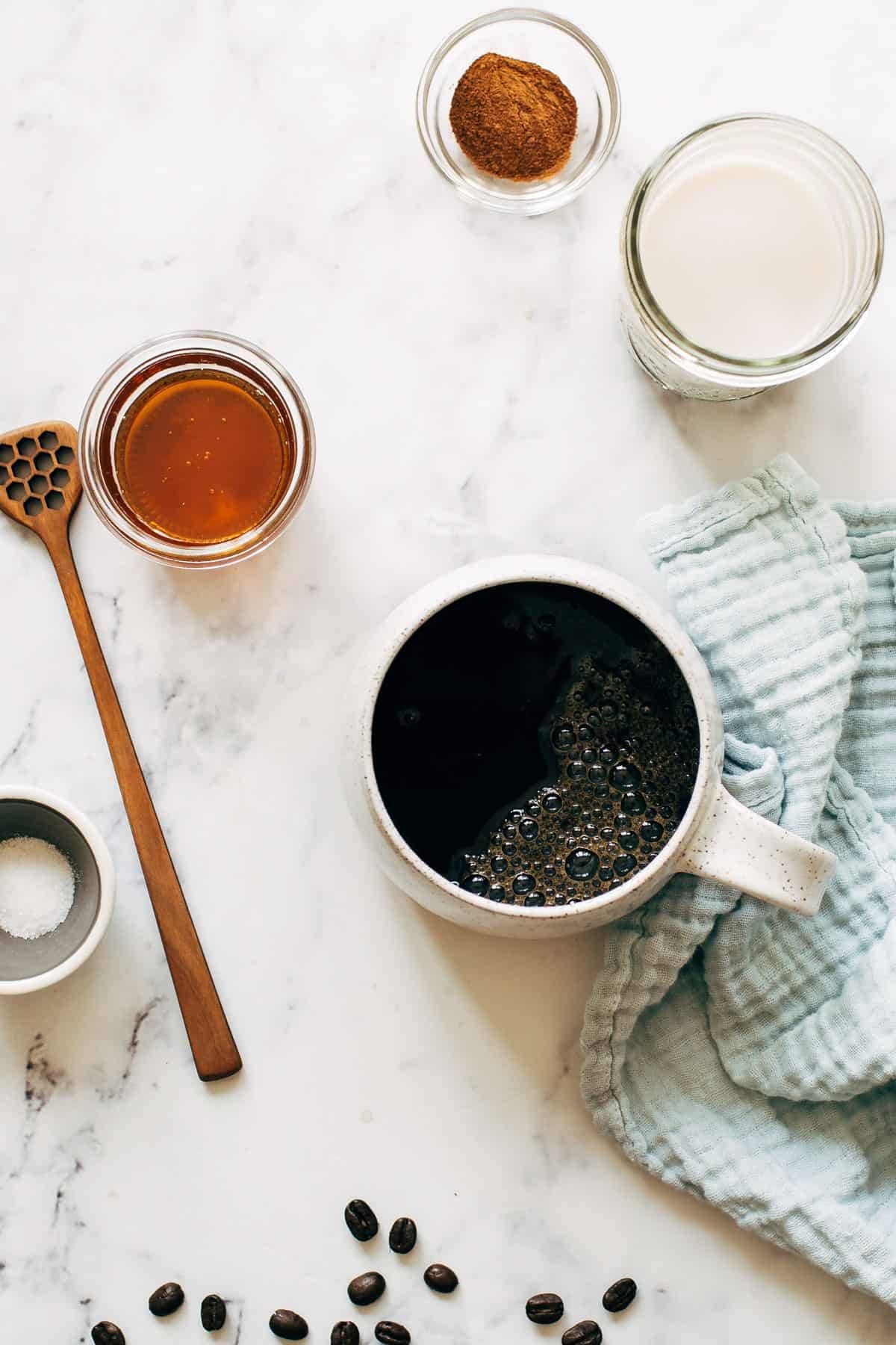 Ingredients for oatmilk honey latte.