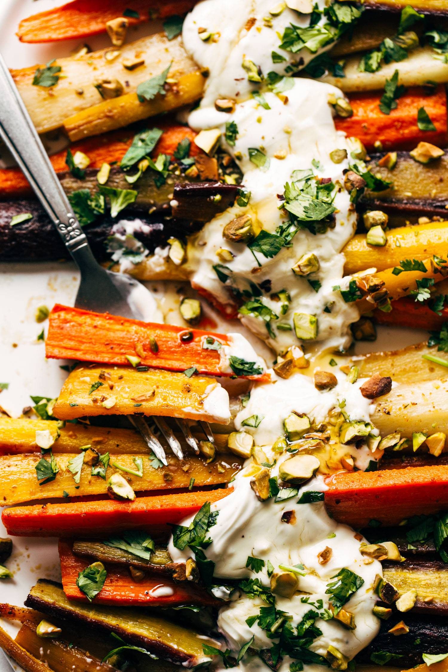 Roasted carrots with yogurt and pistachios.