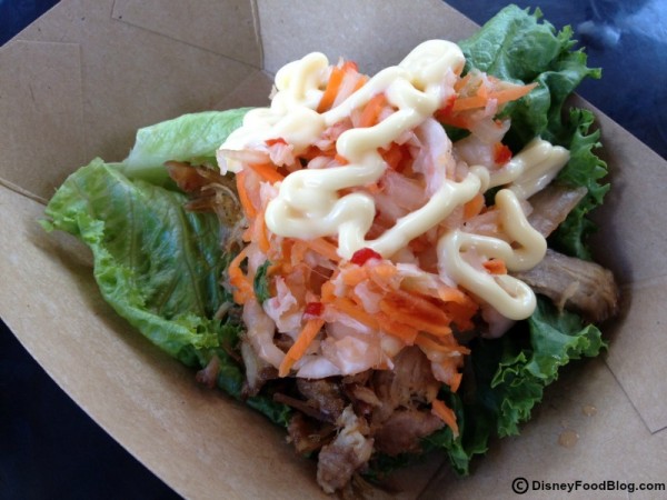 Lettuce Wrap with Roast Pork and Kimchi Slaw