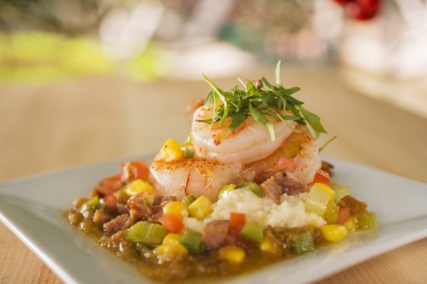 Shrimp and Stone Ground Grits with Andouille Sausage, fresh Zellwood Corn, Tomatoes and Cilantro