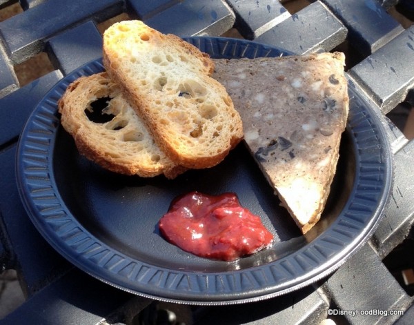 Terrine Campagnarde, baguette et compote de cerises -- country style pate served with baguette and cherry compote