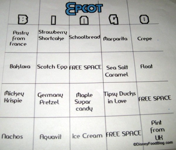 Epcot DFB Bingo Card