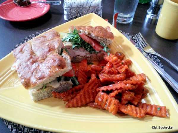 Chicken Focaccia sandwich with sweet potato fries
