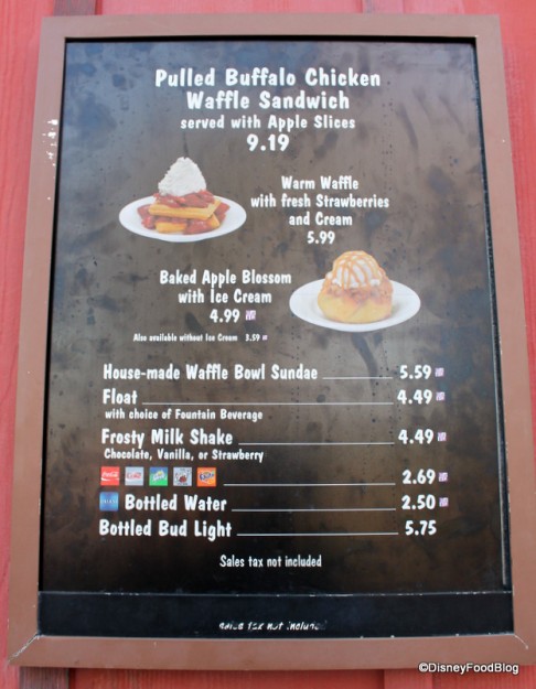 Trilo-Bites Menu with Pulled Buffalo Chicken Waffle Sandwich