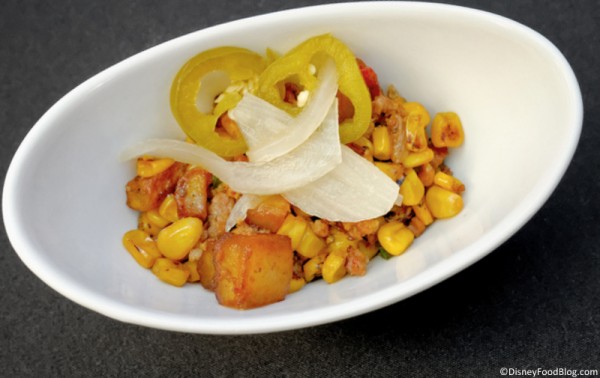 Pepper Bacon Hash with Sweet Corn, Potatoes, Hollandaise, and Pickled Jalapenos