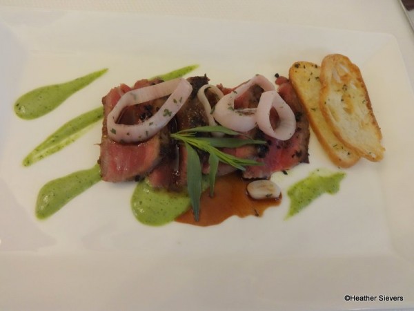 Prime New York of Beef Seared Black & Blue with Tarragon Roasted Garlic Puree