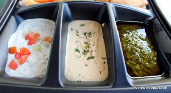 Cucumber Raita, hummus, and Coriander Chutney