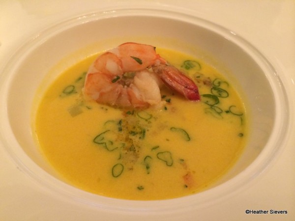 Summer Corn Broth, Green Tomato Relish, Andouille Sausage and Gulf Shrimp