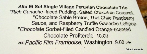 ‘El Sol Single Village Peruvian Chocolate Trio Menu Item