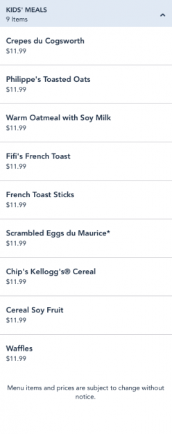 Be Our Guest Breakfast Kids Entrees