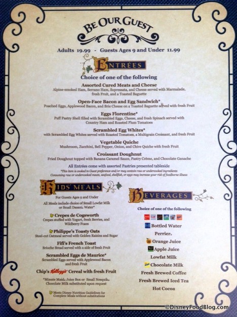 Be Our Guest Restaurant Breakfast Menu