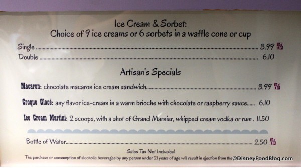 Menu at L'Artisan des Glaces