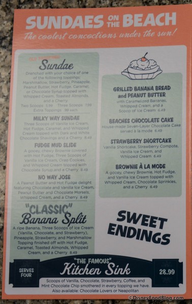 Beaches and Cream Dessert Menu
