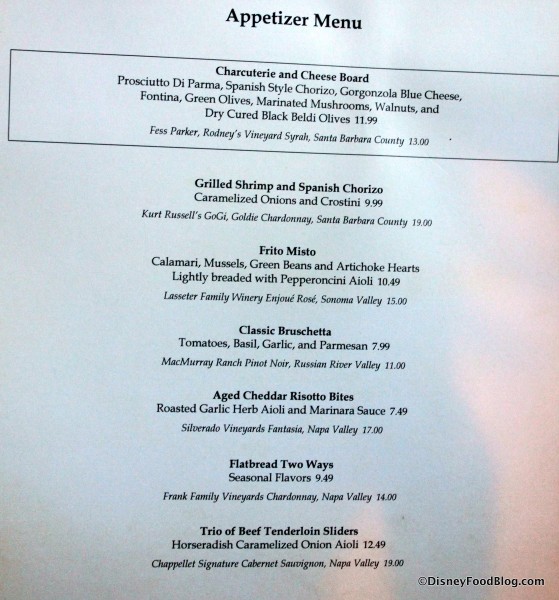 Alfresco Tasting Terrace Appetizer Menu