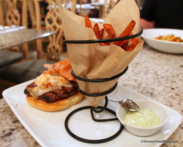 Surf and Turf Burger served with Sweet Potato Fries