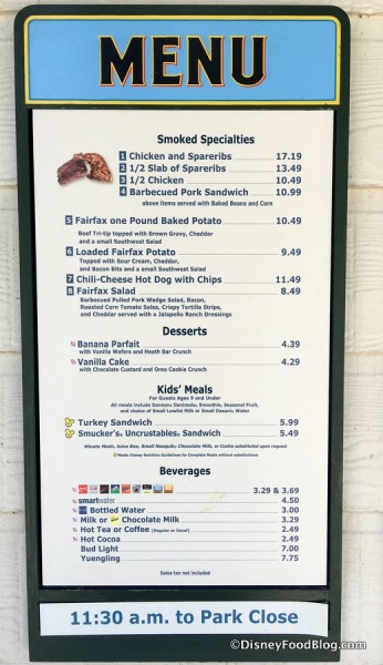 Fairfax Fare Menu