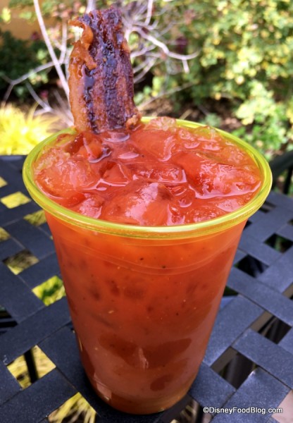 Bloody Mary Cocktail with Candied Caramel Bacon strip and Blue Cheese-stuffed Olives