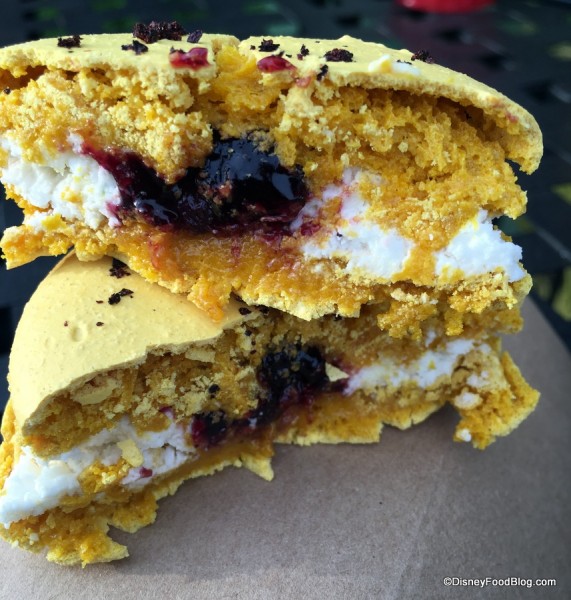 Meyer lemon macaron with blueberry marmalade, Meyer lemon cream and blueberry dust