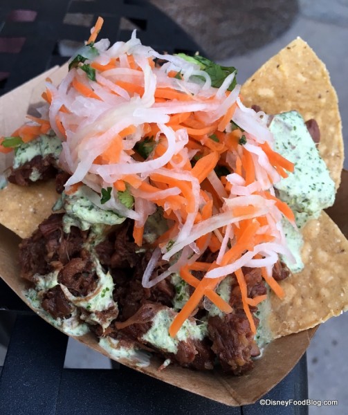 Jackfruit carnitas banh mi nachos with cilantro crèma and “pickled” de gallo 