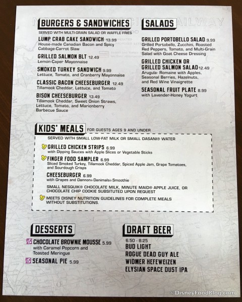 Table Menu for Counter Service options