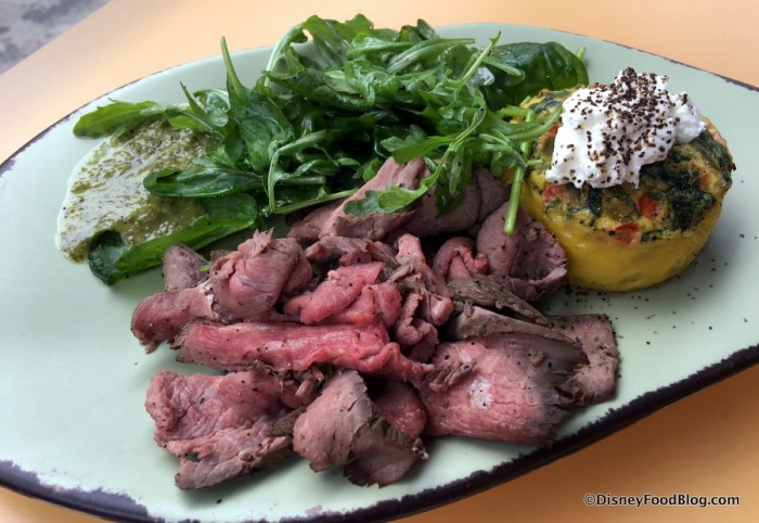 Vegetable-Goat Cheese Frittata with Wood-fired Herb-crusted Beef and Chimichurri