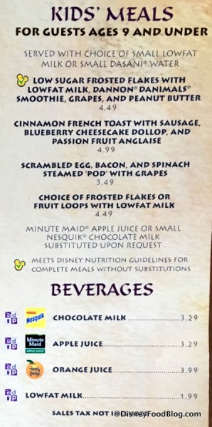 Kids' Breakfast Menu and Drinks