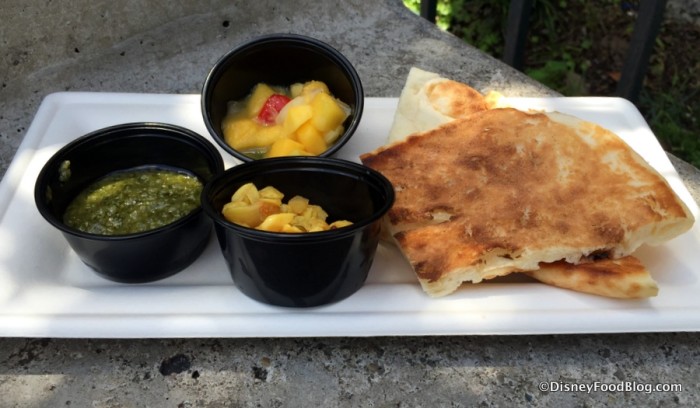Warm Indian Bread with Pickled Garlic Mango Salsa and Coriander Pesto Dips