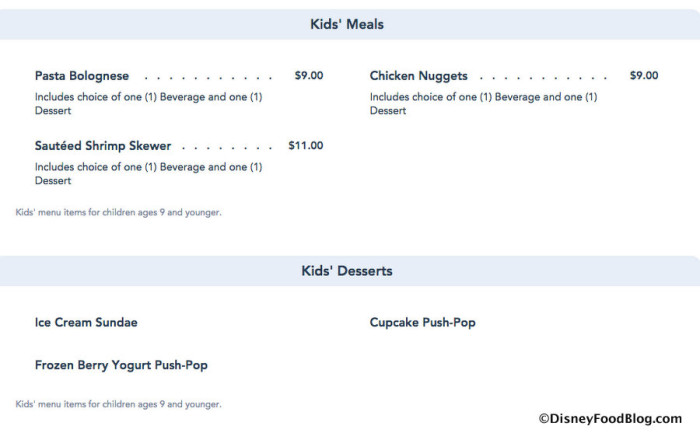 Menu Screenshot from Disney World website