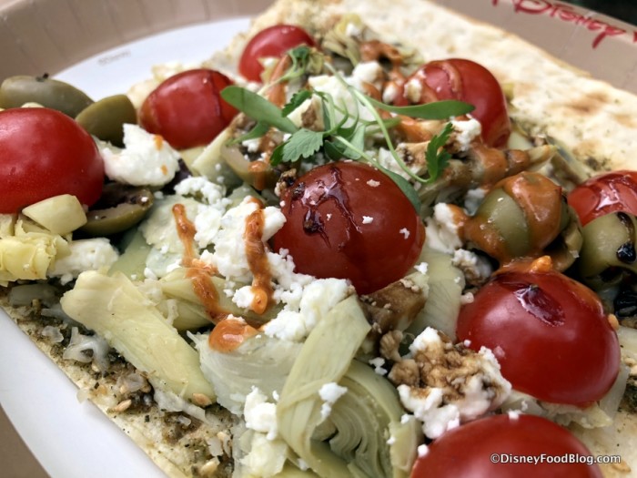 Mediterranean Flat Bread with Zaatar, Olive Oil Artichoke, Olives, Mozzarella and Feta Cheese
