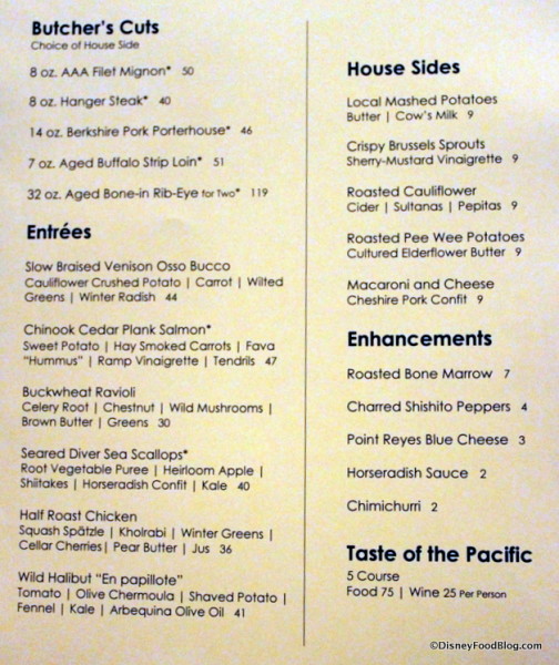 Butchers' Cuts, Entrees, Sides, and Enhancements Menu