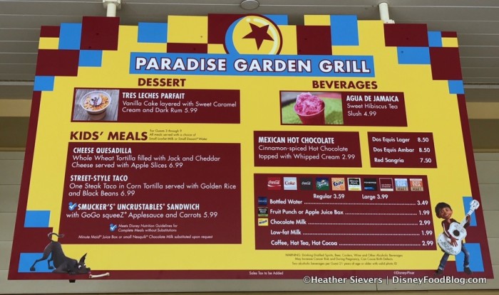 Paradise Garden Grill Pixar Fest Menu