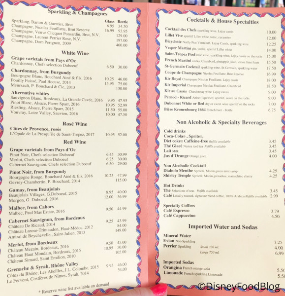 Les Chefs de France Drink Menu