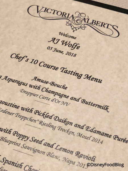Personalized Menu at Victoria & Albert's 