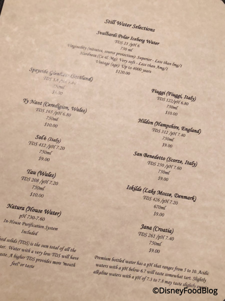 Water Menu at Victoria & Albert's