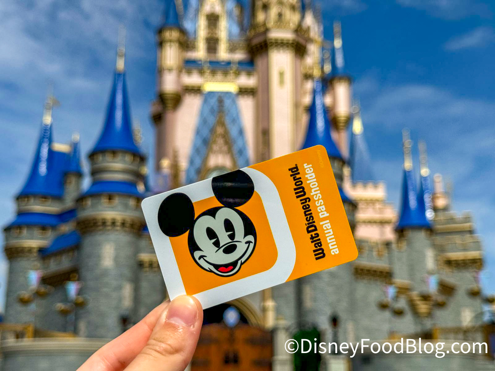 yellow annual passholder card in front of cinderella castle