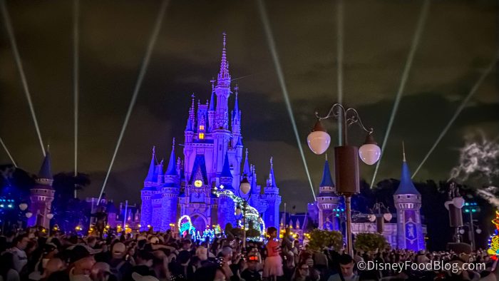 Cinderella castle with crowds of people in front