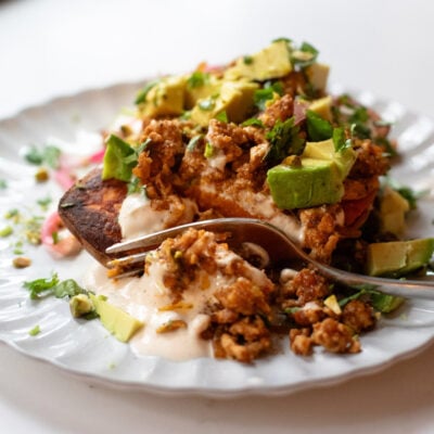 Sweet potato stacker on a plate.