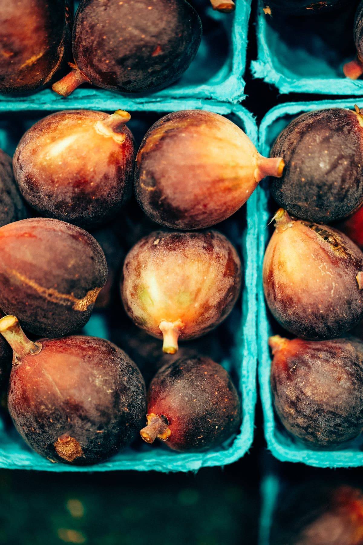 Produce in blue containers.